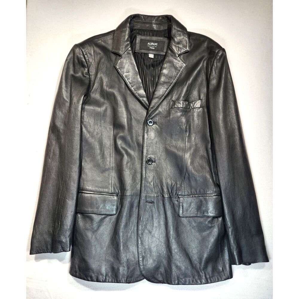 Alfani Mens Leather Blazer Jacket Black 42R Classic Button Front Sport Coat